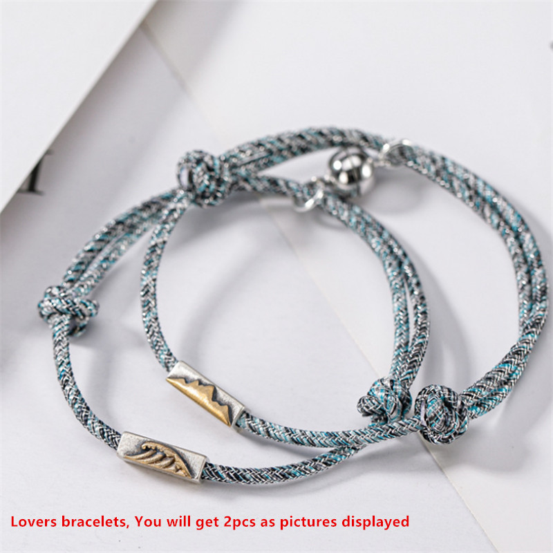 Uglyless 1Pair Lovers Infinity Bracelets Adjustable Rope Chain Bracelet for Couples 925 Silver Mountain Wave Bead Magnet Jewelry CX200702