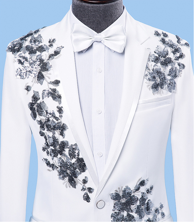 Sequins Applique Groom Wedding Tuxedos Slim Fit One Button Mens Pants Suits Best Men Wear 2 piece Formal Blazer In Stock