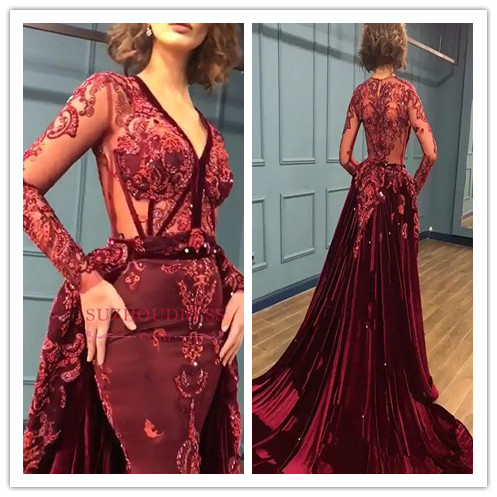 2019 Hot Sell Evening Dresses Dark Red V Neck Long Sleeves Sheer Lace Appliques Sequins Mermaid Prom Gowns Formal Custom Made Vestidos, Blue
2019 Hot Sell Evening Dresses Dark Red V Neck Long Sleeves Sheer Lace Appliques Sequins Mermaid Prom Gowns Formal Custom Made Vestidos, Blue