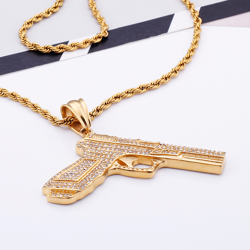 Hip Hop Full Rhinestone Inlay Pendants Necklace Cool Men Fashion 316L Stainless Steel 18K Gold Plated Jewelry