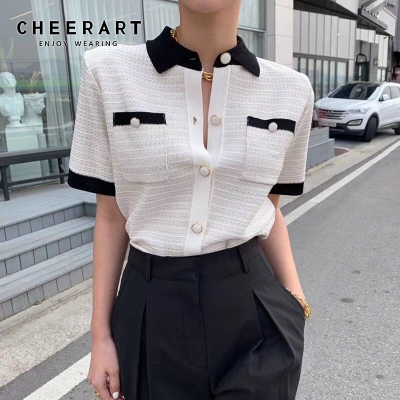 CHEERART Summer Korean Blouse Women Crop Top Short Sleeve Button Up Collar Shirt Knitted Ladies Top 2020 Fashion Clothes, White
CHEERART Summer Korean Blouse Women Crop Top Short Sleeve Button Up Collar Shirt Knitted Ladies Top 2020 Fashion Clothes, White