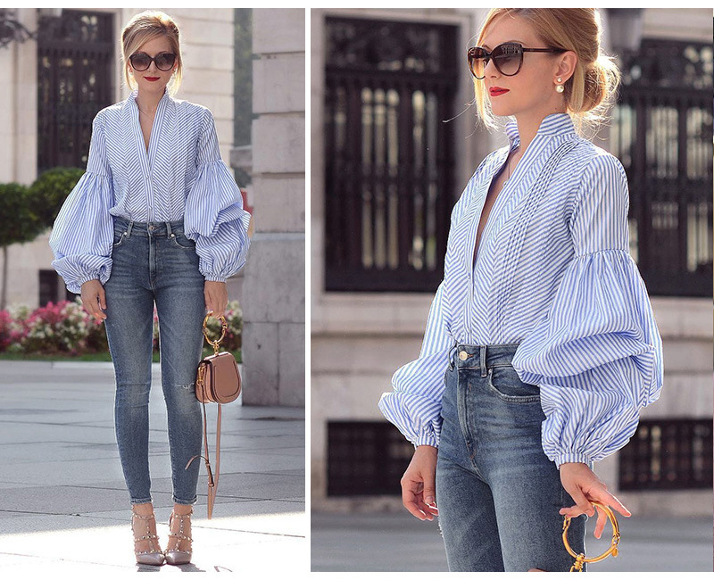 Women's Striped Long Sleeve Shirt Spring Blouse Casual V-Neck Office Top