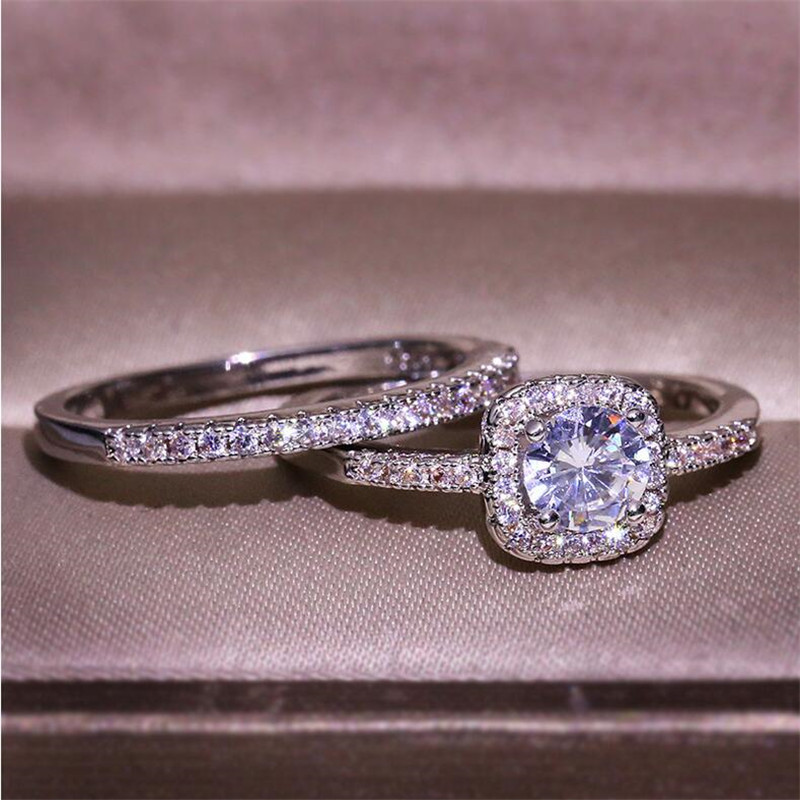 Couple Rings Luxury Jewelry 925 Sterling Silver Round Cut 5A Cubic Zirconia CZ Diamond Eternity Party Women Wedding Bridal Ring Set Gift