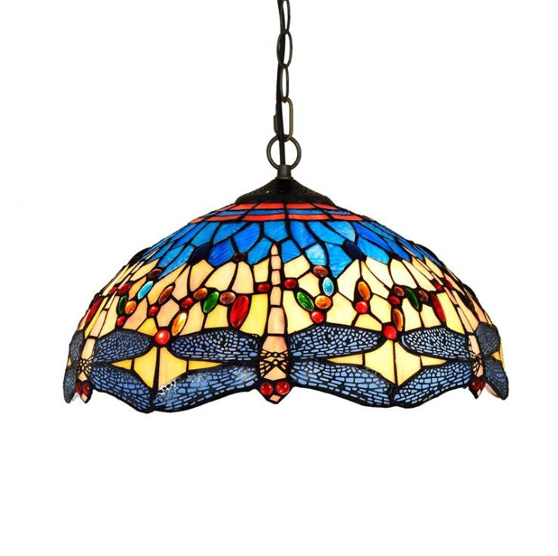 European creative retro Tiffany stainedblue yellow dragonfly art chandelier bar restaurant glass lamp TF022