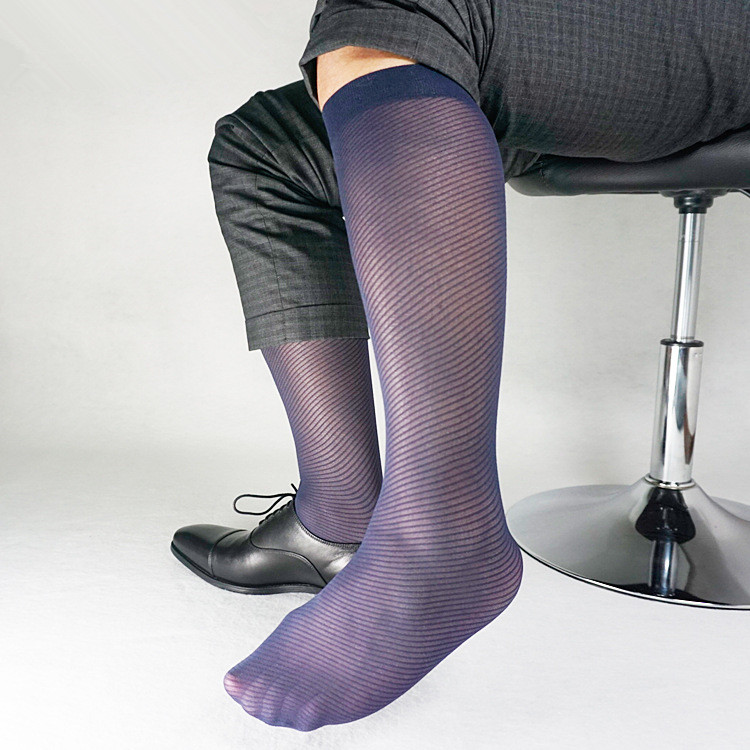 Twill Striped Mesh Nylon Silk Socks For Men Business Soft Sheer Light Weight Formal Dress Suit Knee Length Long Socks