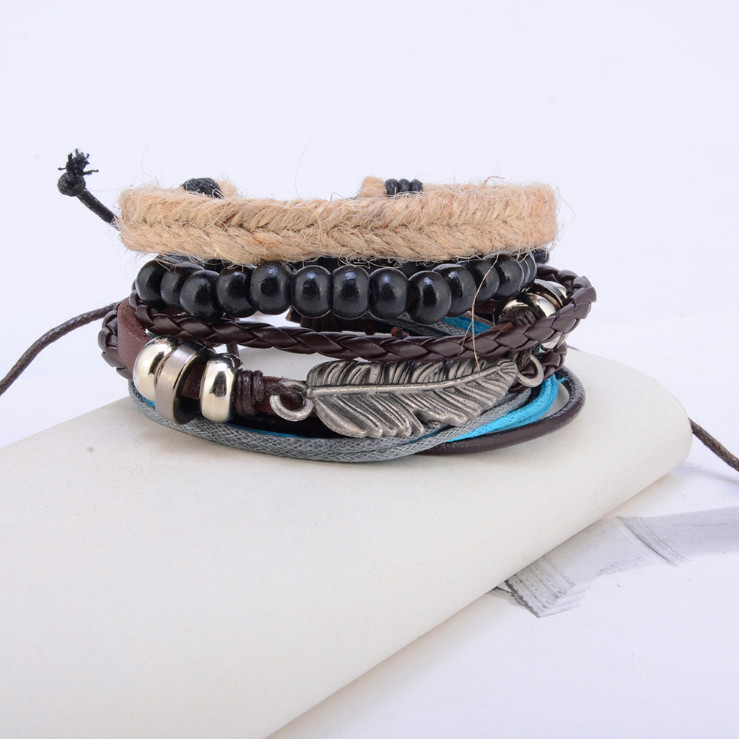 Multi-Bundle Set Bracelet Handmade Leather Handicraft Wooden Bead Weave Beaded Bracelet Men and women gentlemen charm