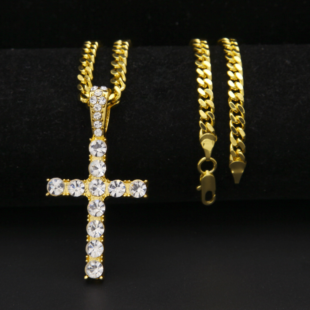 Hip Hop Gold Silver Iced Out Bling Cross Pendant Chains For Mens Jewelry With Stainless Steel Cuban Link Twist Chain Necklace