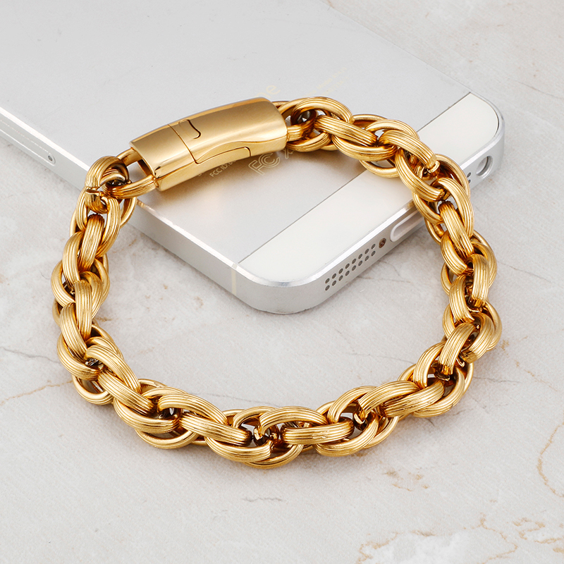 Hip Hop Stainless Steel 18K Gold Plaated Chain Bracelets European and American Cool Men Thick Heavy Titanium Steel Bangle