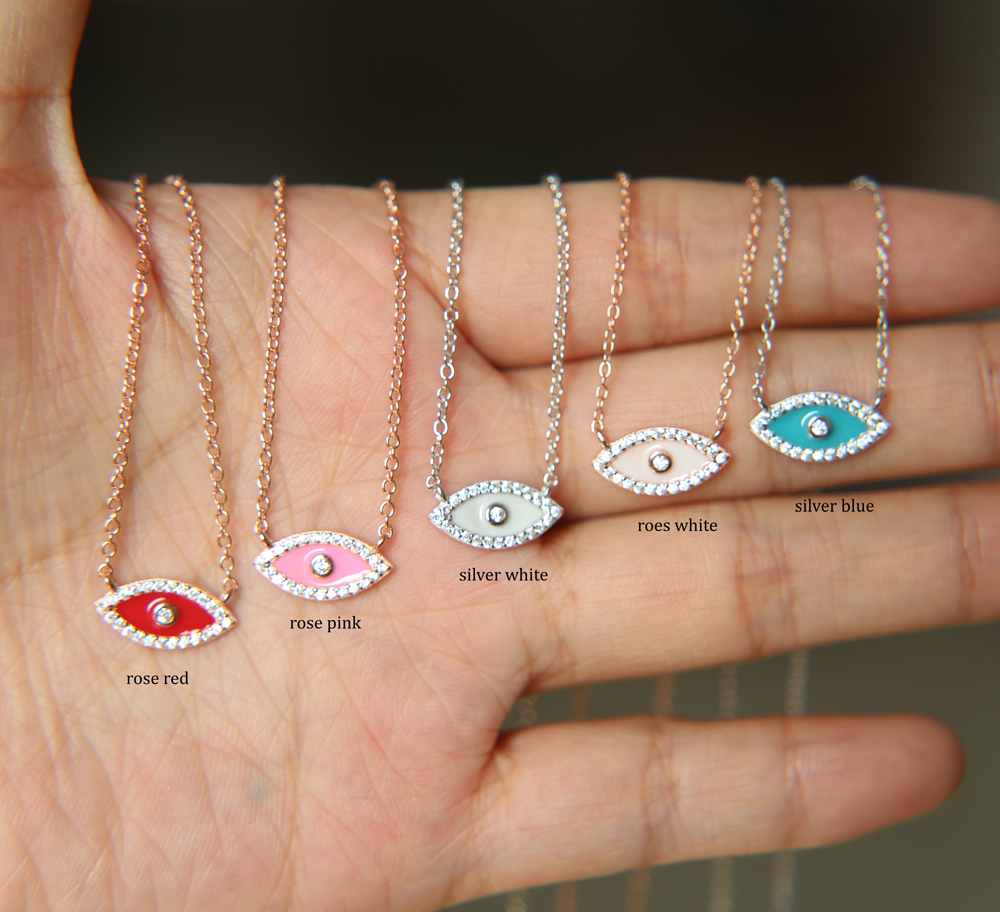 Promotion 5 color Hamsa Blue white pink red enamel Eyes charm pendant With 925 Sterling Silver Jewelry link Chain Necklace CJ191225