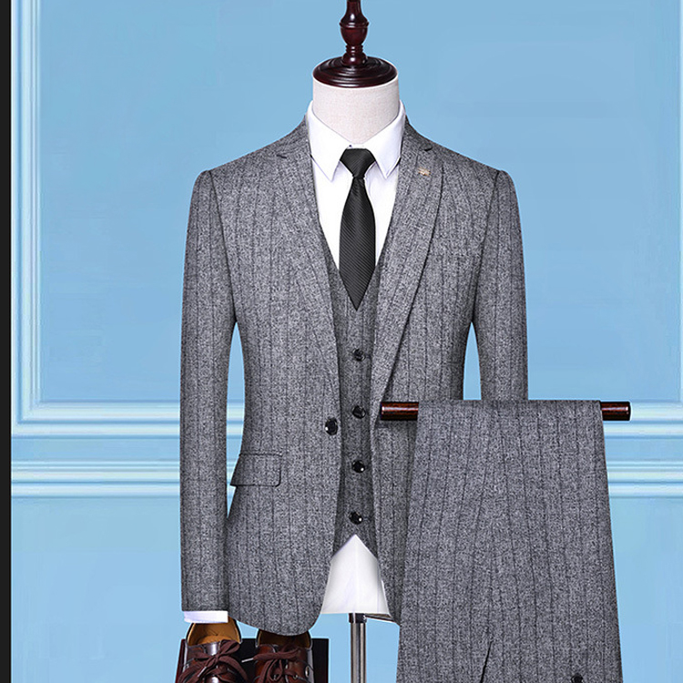 Mens Wedding Suits 3 Pieces Stripe Tweed Fleck One Button Gray Groom Wear Slim Fit New Jacket Blazer
