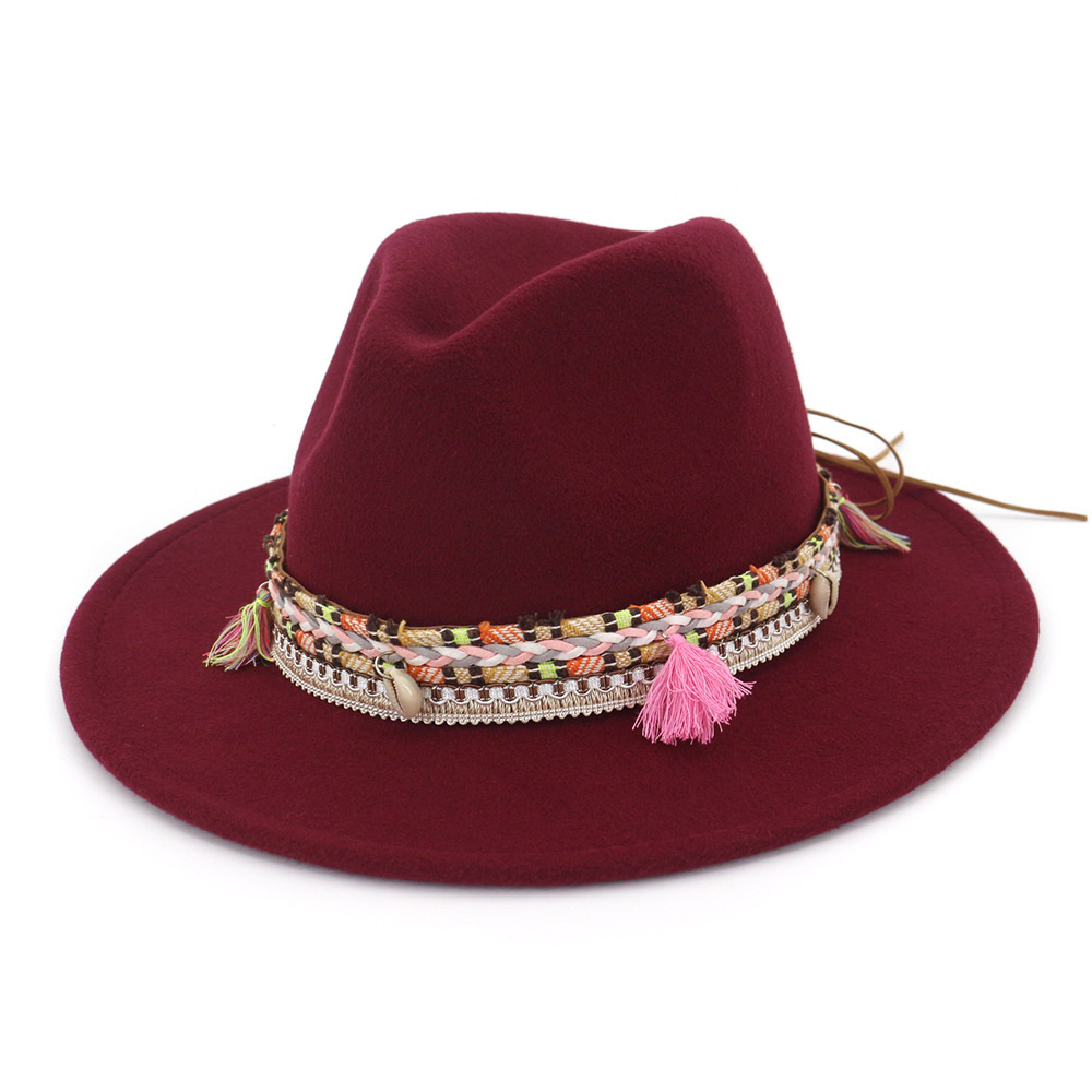 Chapeaux de fedora de laine de laine à large bretelle unisexe avec ethnique tressé de ruban de jazz Cap de jazz Cap rétro Panama Style Trilby For