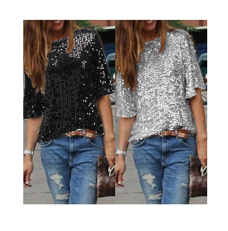 Fashion Women Summer Loose Top Half Sleeve Sparkle Glitter Blouse Ladies Casual Loose Sequined Pullover Tops Blouse Black Sliver