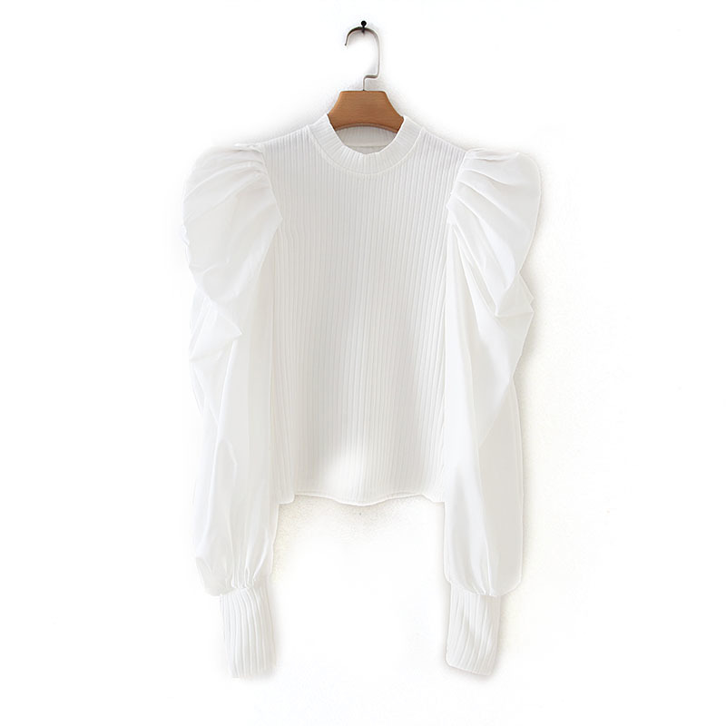 Chic Women Pullover Sweater Autumn 2019 New Fashion Puff Sleeve Stretch Knit Body Patched Poplin Sleeve Modern Lady Ruffles Tops T191230