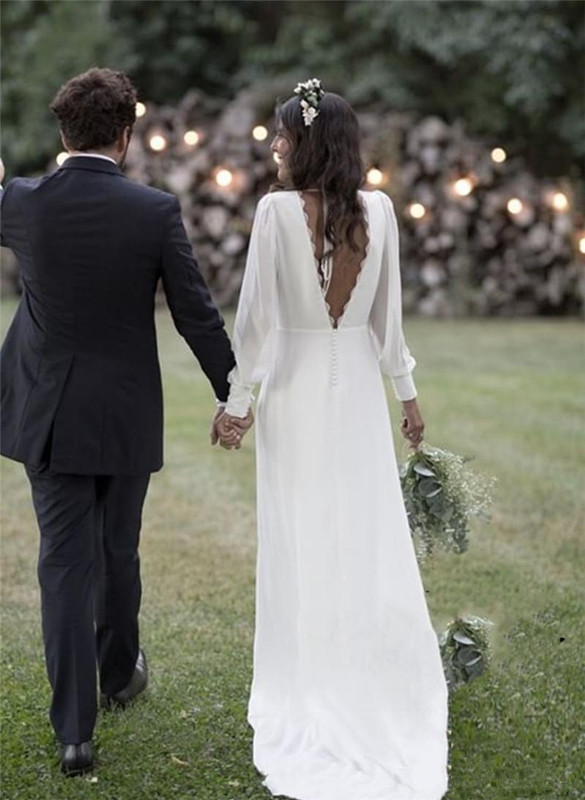 Simple 2019 Bohemian Country Wedding Dresses V-Neck Backless Long Sleeve Beach Plus Size Wedding Dress vestido de novia Cheap