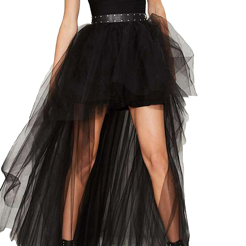 Women Mesh Hi-lo Tutu Skirt Casual Street Style High Waist Zipper Petticoat Plus Size S-3XL Long Irregular Black Trumpet Falda Jupe