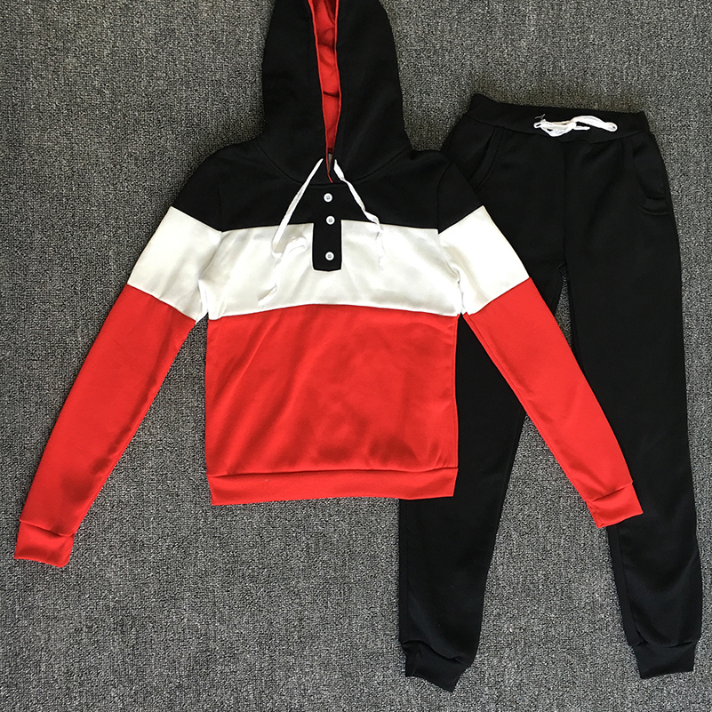 Patchwork Button Drawstring 2 Two Piece Set Top And Pants Elastic Tracksuit Women Hoodies 2018Sportswear Sweat Suit ** C18122401