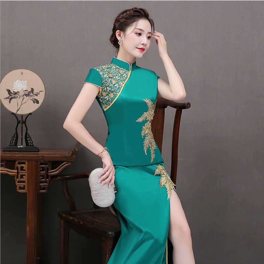 New Chinese traditional dress oriental qipao short sleeve national style party dress robe women Chinese modern cheongsam gown