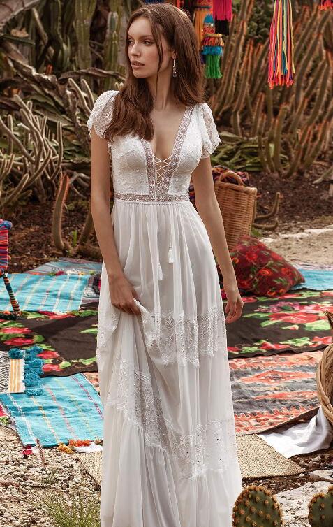 lace boho wedding dresses cap sleeves v neck open back beach wedding gowns bridal dress vestido de noiva