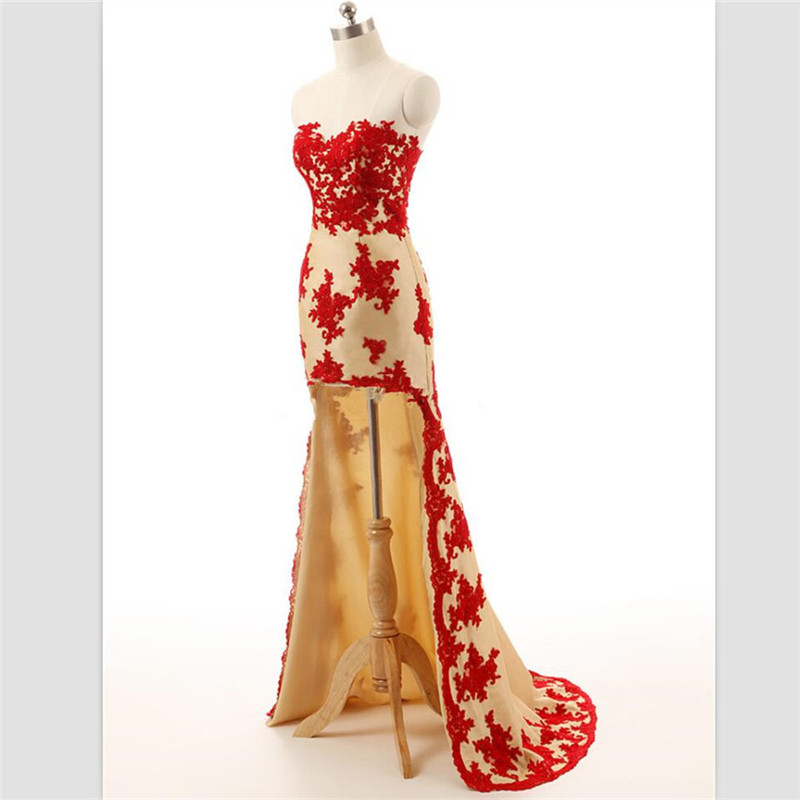 Elegant Red Lace Hi-Lo Prom Dresses Custom Sweetheart Evening Sweep Train Party Gowns Robe De Mariée