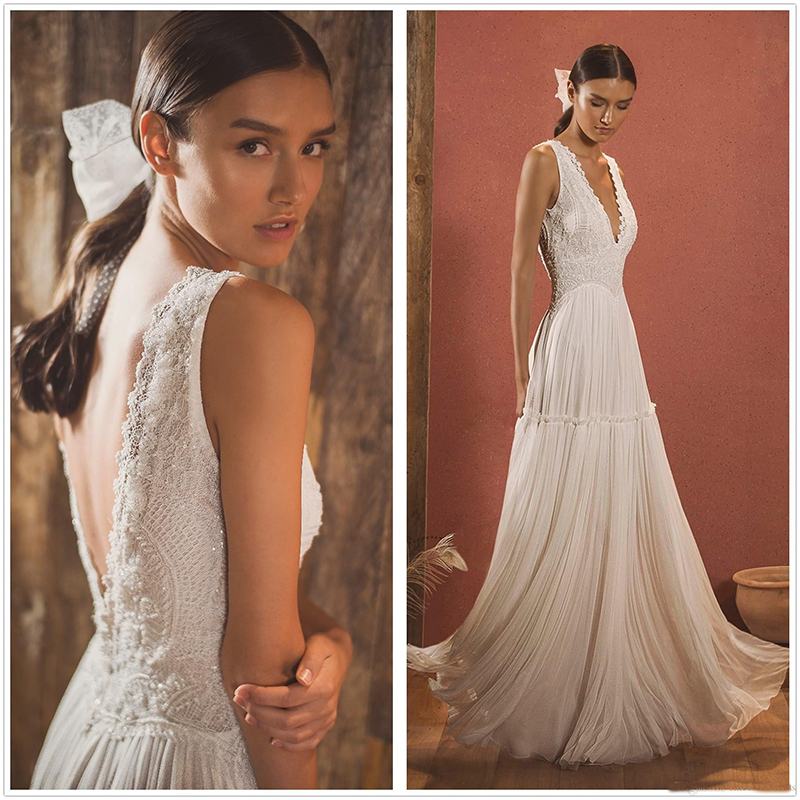 Bohemian Beach Wedding Dresses 2020 V Neck Lace Appliqued Beads Boho Chiffon Bridal Gowns A Line Wedding robe de mariée