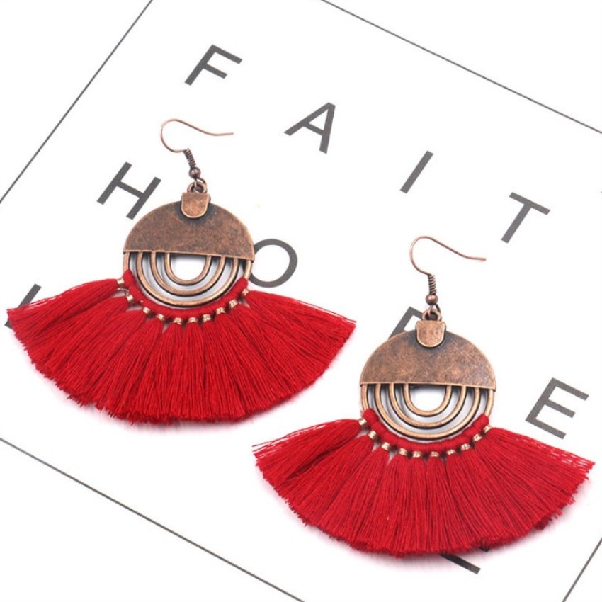 Ladies tassel earrings fan shaped girl bohemian pendant vintage tassel