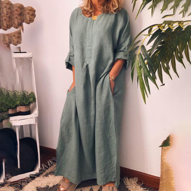 Women's Cotton Linen Oversized Maxi Dress White Pockets O-Neck Solid Long Dresses Spring Summer 2020 Fashion Loose Clothes Woman T200415