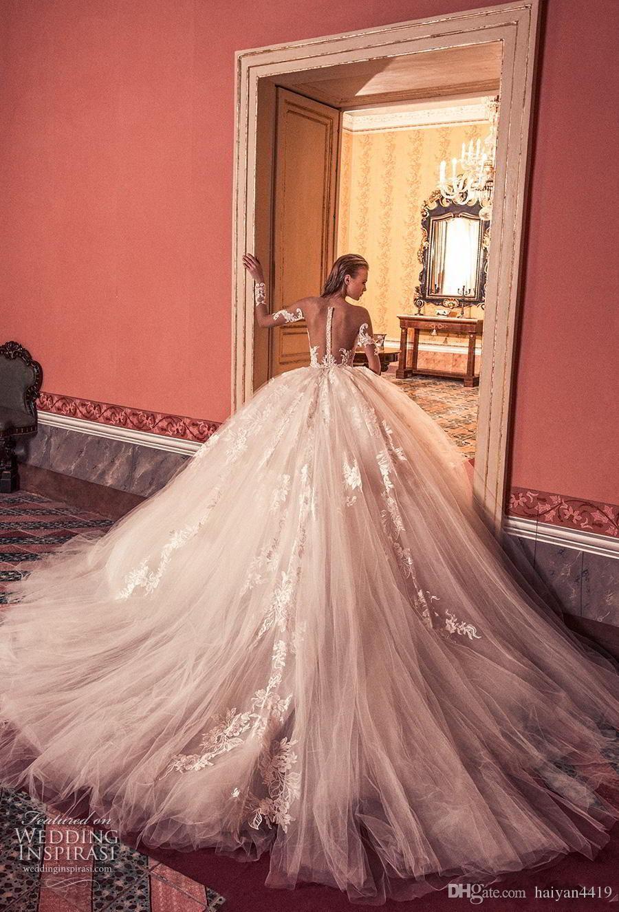 romantic arabic a line wedding dresses lace appliques tulle sheer neck long sleeves chapel train formal bridal gowns
