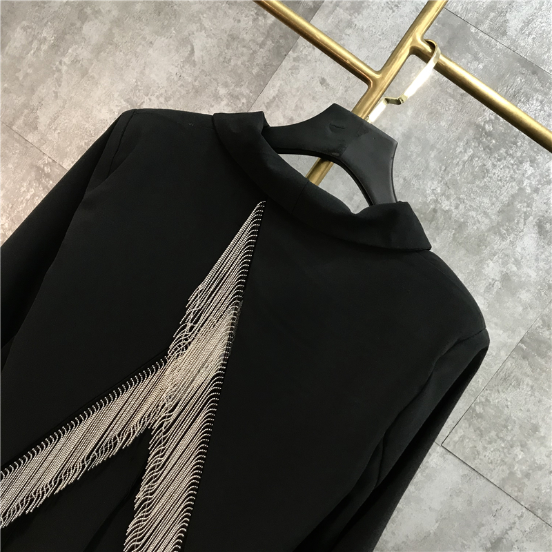 Womens black turn down collar long sleeve beading tassel patchwork back vent jag personality cool fashion blazer suit coat casacos
