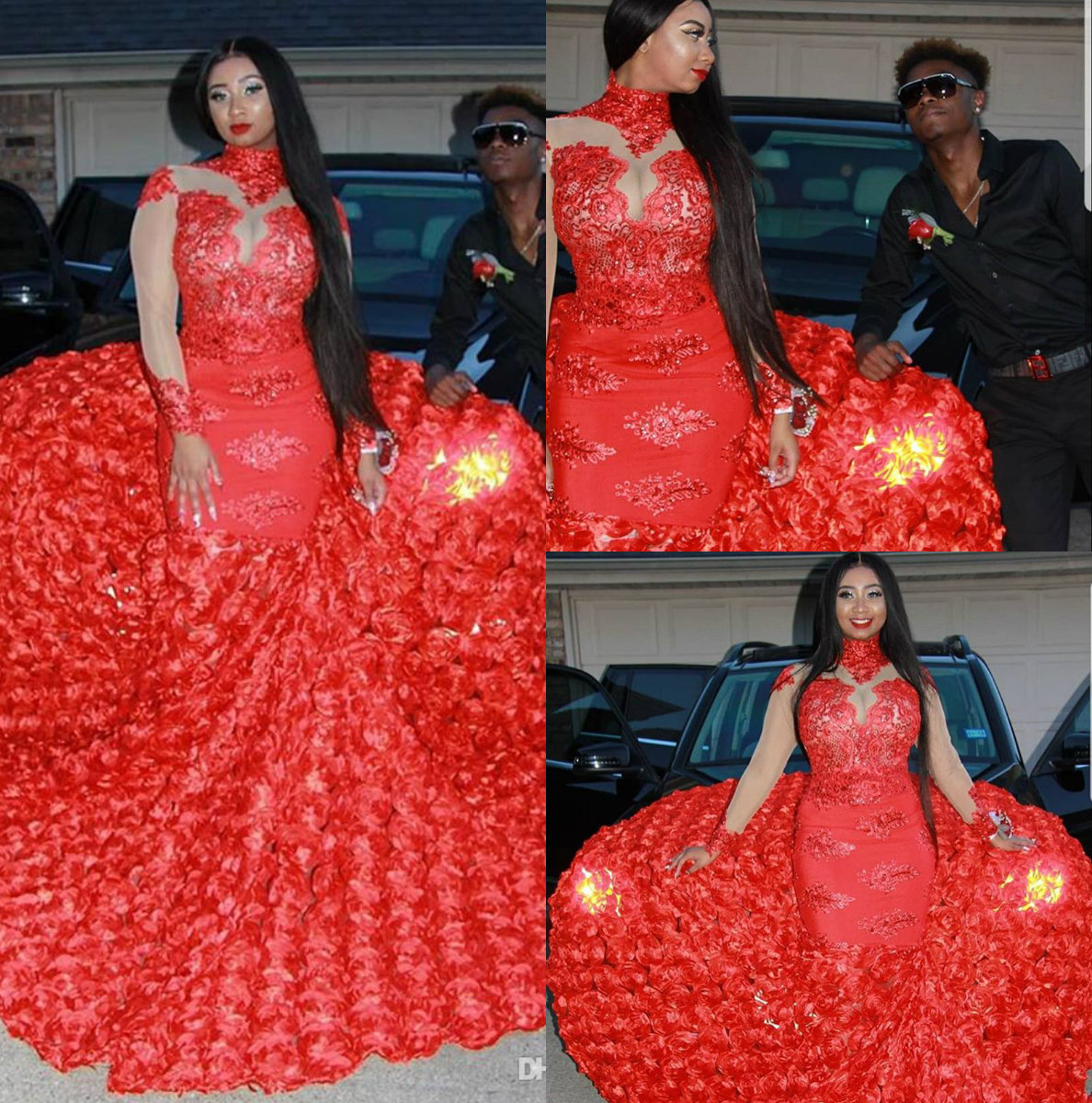 Red Mermaid Prom Dresses 2019 High Neck Sheer Long Sleeves Formal Evening Gowns Lace Appliques Sweep Train Party Pageant Gowns Plus Size