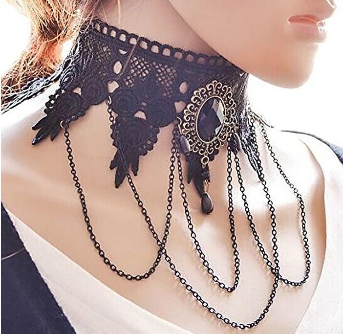 Halloween Sexy Gothic Chokers Crystal Black Lace Neck Collares Choker Necklace Vintage Victorian Women Chocker Steampunk Jewelry G