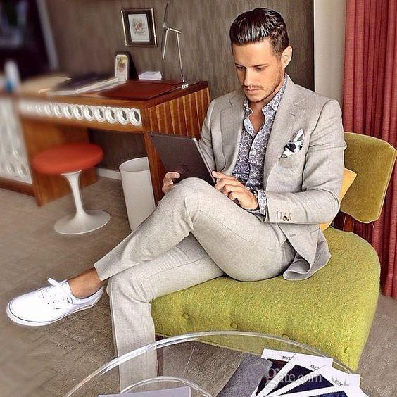 New Light Gray Linen Man Suits For Beach Wedding Two Pieces Groom Tuxedos Men Casual Prom Suits (Blazer+Pant)
