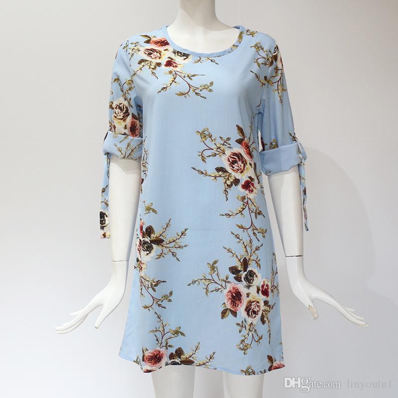 2020 Women Floral Print Beach Chiffon Dress Casual Loose Mini Party Dress Boho Style Sundress Plus Size
