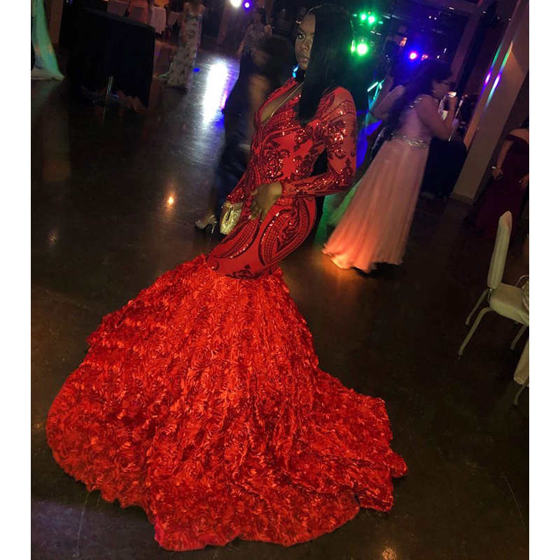 Sparkly Sequined Red Mermaid Prom Dresses 2019 New Long Sleeve V Neck Floor Length african trumpet Formal Evening Dress Party Gowns