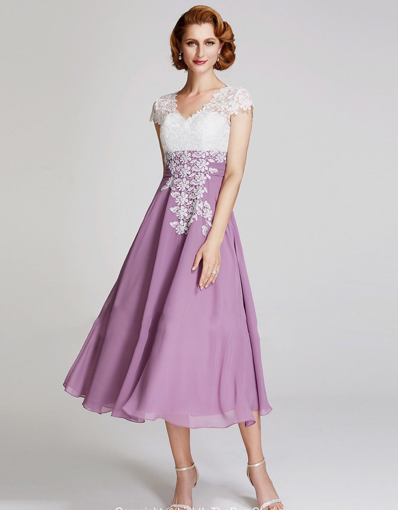 Cheap 2019 Mother Of The Bride Dresses Lace Appliqued Tea Length Groom Mothers Dress A Line Wedding Guest Formal Gowns