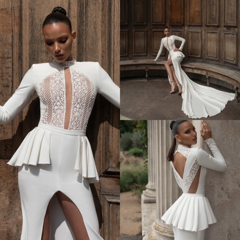 New Arrival Mermaid Wedding Dresses High Neck Lace Long Sleeve Bridal Gowns Thigh High Slits Beach Wedding Dress Sweep Train Fast Shipping