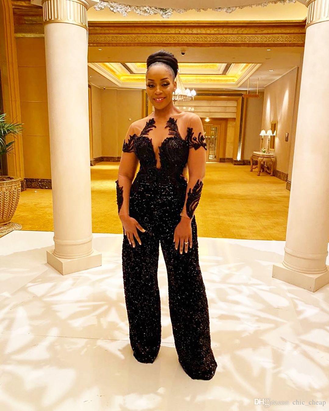 2020 Black Women Prom Jumpsuits Sheer Jewel Neck Lace Beads Pearls Crystal Pants Suit Evening Gowns Long Sleeve Robes De Soirée