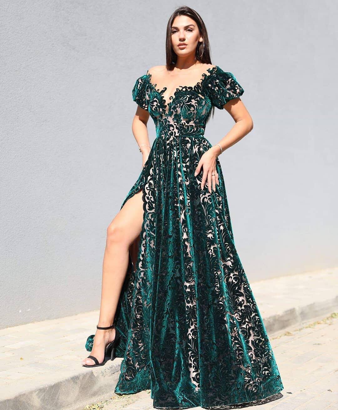 hunter green lace sexy evening dresses sheer neck velvet prom dresses vintage noble formal party bridesmaid pageant gowns