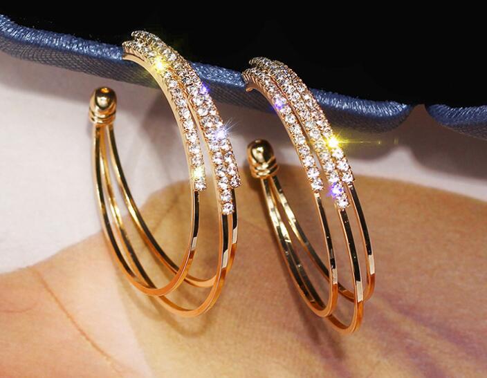Women Jewelry Multilayer Round Hoop Earrings Shining Gold Silver Color Rhinestone Earrings for Wedding Party GA742