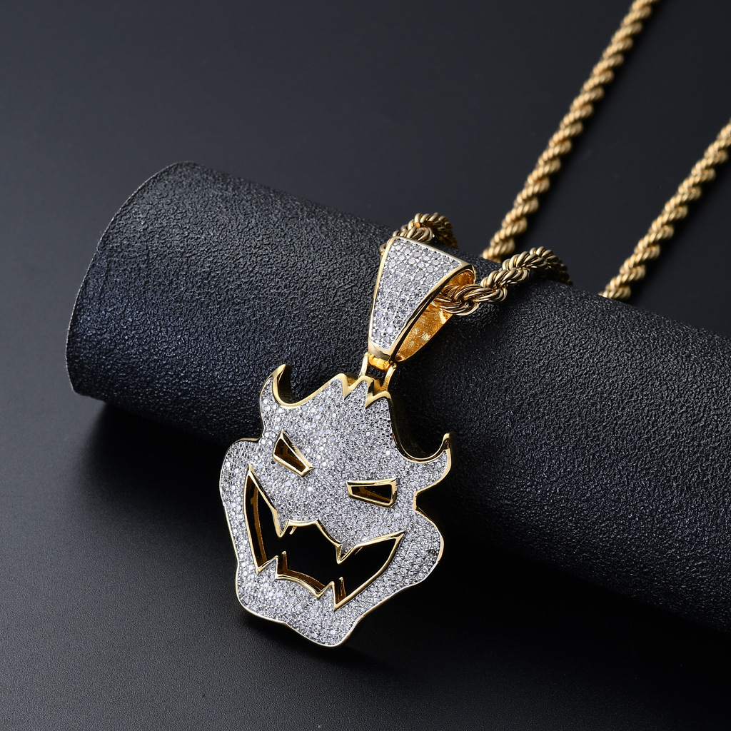 18K Gold Full Cubic Zirconia Halloween Vampire Monster Mask Pendant Necklace with Twist Chain Bling CZ Stone Hip Hop Wolf Tide Jewelry Collar Bijoux G