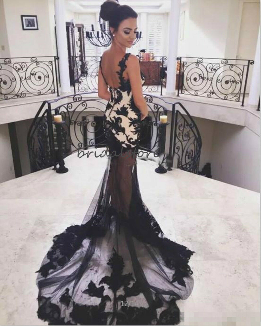 Sexy Lace Mermaid Evening Dresses Deep V Neck Backless Prom Dresses With Slits Spaghetti Straps Illusion Sweep Train Special Occasion Dress