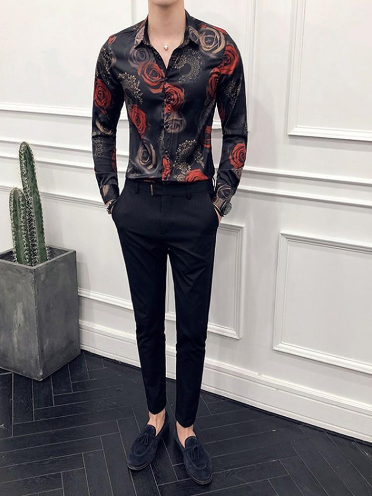 Spring Men Floral Print Flower Shirt Chemise Homme Clothing For Men Club Party Wedding Long Sleeve Shirt Camisa Masculina