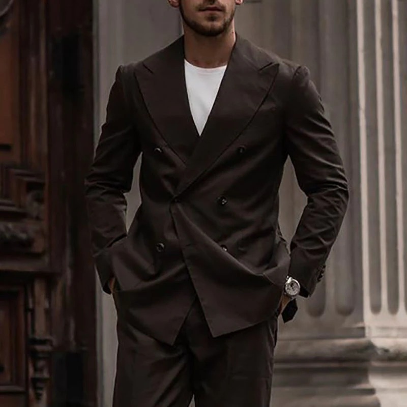 2020 Spring Fashion Groom Wear Double Breasted Peaked Lapel Mens Business Formal Prom Tuxedos Best Man Blazer Suit 2 Pieces (Jacket+Pants)