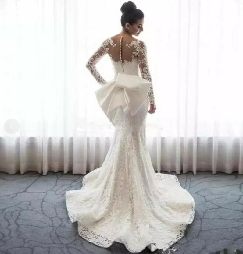 Lace Mermaid Wedding Dresses Sheer Jewel Neck Long Sleeve Illusion Bridal Gowns Big Bow Sash Sweep Train Zipper Back Wedding Dress