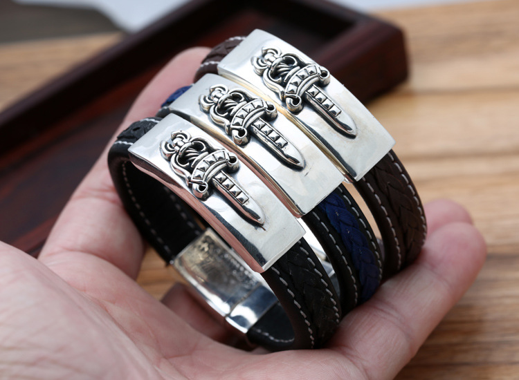 Brand new 925 sterling silver handmade jewelry American European vintage antique silver designer ID bracelets leather band nice gift