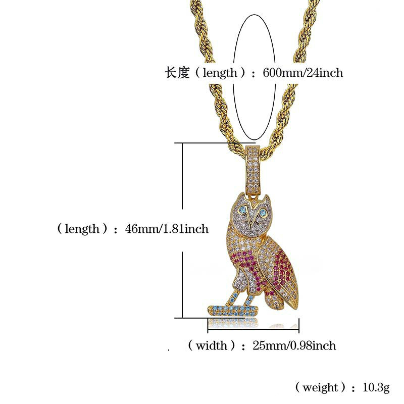 18K Gold Colorful CZ Zircon Owl Necklace Twist Chain Multi Color Iced Out Animal Pendant Hip Hop Rapper Jewelry Gifts for Men and Women