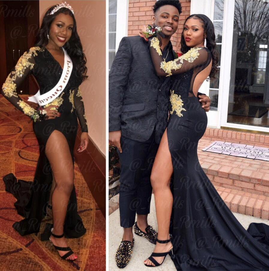 Mermaid Prom Dresses 2019 Gold Lace Evening Dress Party Gowns Long Sleeve Special Occasion Dress Front Split 2k19 Black Girl Couple Day