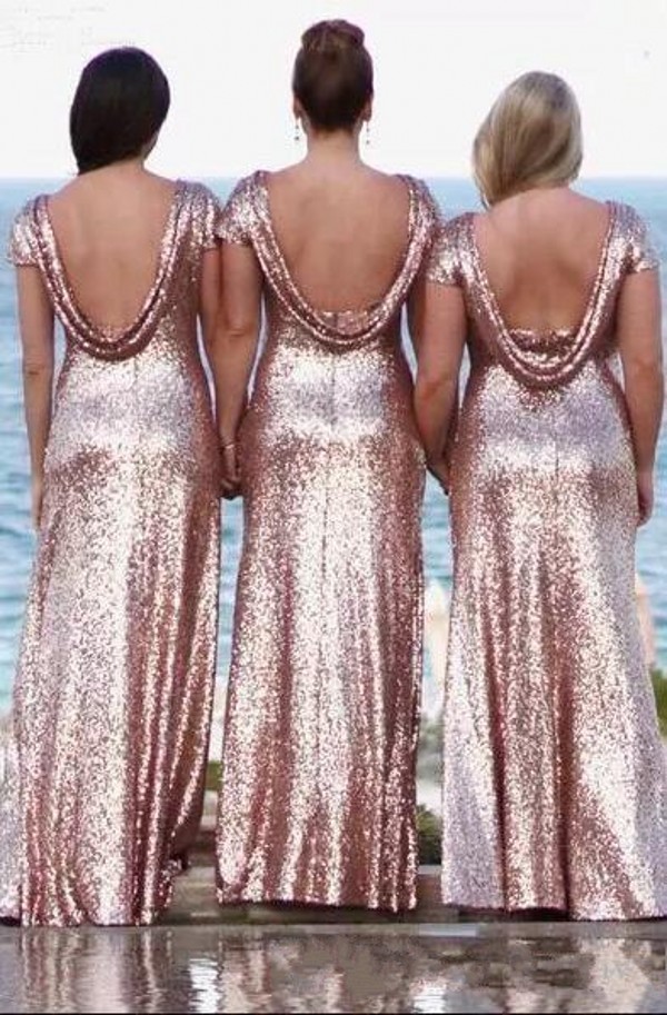 Fall 2019 Formal Rose Gold Bridesmaid Dresses Mix and Match Style Fitted Shiny Sequined Long Bridesmaid Robes