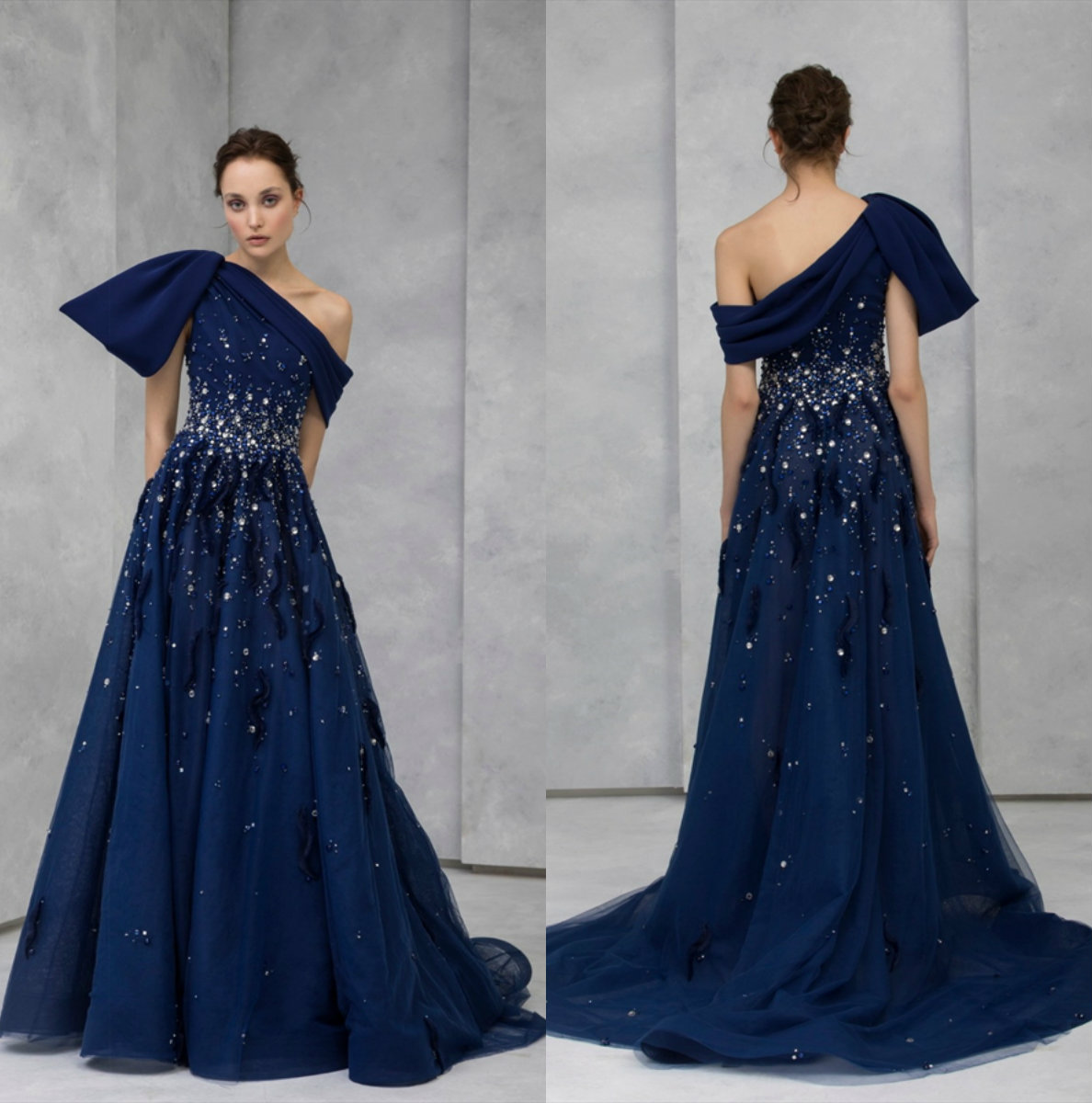 2020 Tony Ward One Shoulder Evening Dresses One Shoulder Beaded Crystal Prom Dress Sweep Train Formal Party Gowns Robes De Soirée