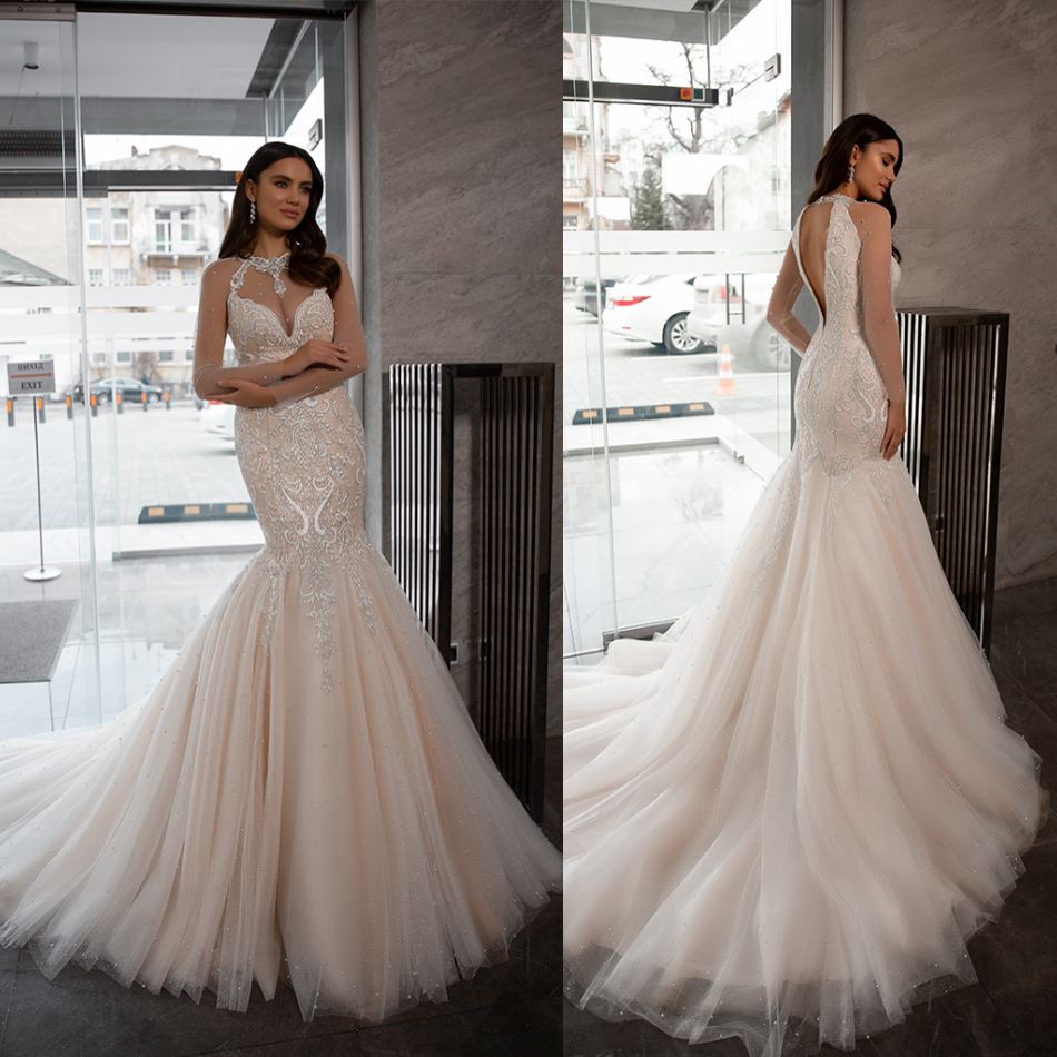 Oksana Mukha Wedding Dresses Long Sleeves Backless Sweep Train Bridal Gowns 2021 Custom Made Lace Appliques Mermaid Wedding Dress, Ivory 
Oksana Mukha Wedding Dresses Long Sleeves Backless Sweep Train Bridal Gowns 2021 Custom Made Lace Appliques Mermaid Wedding Dress, Ivory