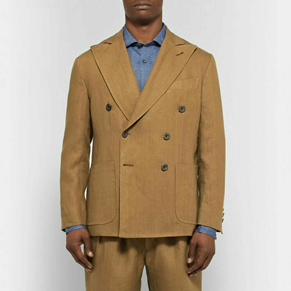 Khaki Men Wedding Suits Double Breasted Peaked Lapel Groom Wear Best Man 2 Pieces Formal Prom Suit(Jacket+Pants)